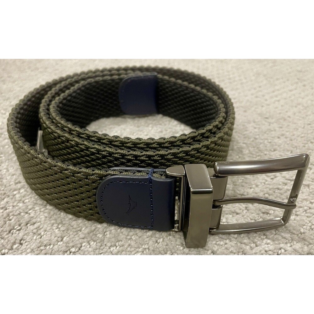 Tommy Bahama Stretch Woven Belt Gray Elastic Leather Trim Marlin Logo Men’s